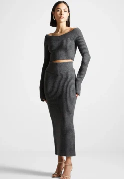 Angled Waist Knit Maxi Skirt - Grey Marl^Manière De Voir Fashion