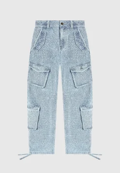 High Waisted Boucle Denim Cargo Pants - Mid Blue^Manière De Voir Fashion
