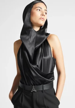 Hooded Cowl Neck Satin Wrap Bodysuit -^Manière De Voir New