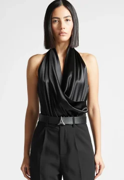 Hooded Cowl Neck Satin Wrap Bodysuit -^Manière De Voir New
