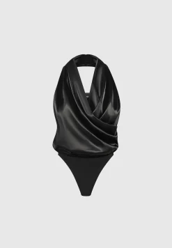 Hooded Cowl Neck Satin Wrap Bodysuit -^Manière De Voir New