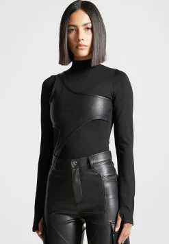 Leather Overlay High Neck Bodysuit -^Manière De Voir Fashion