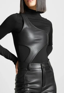 Leather Overlay High Neck Bodysuit -^Manière De Voir Fashion