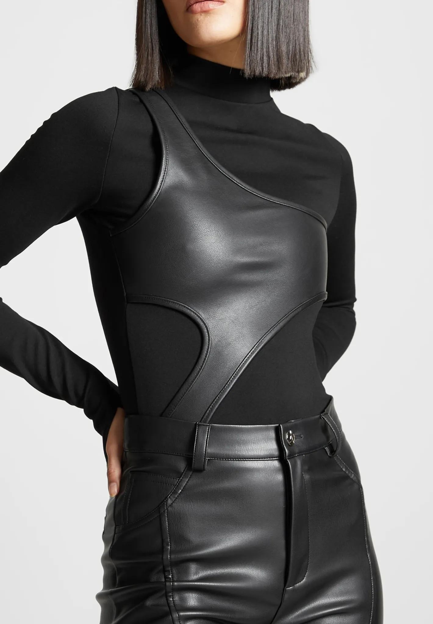 Leather Overlay High Neck Bodysuit -^Manière De Voir Fashion
