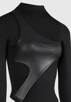 Leather Overlay High Neck Bodysuit -^Manière De Voir Fashion