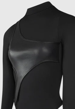 Leather Overlay High Neck Bodysuit -^Manière De Voir Fashion