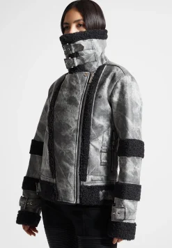 Marbled Vegan Leather Borg Biker Jacket -^Manière De Voir Sale