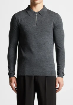 Merino Wool Long Sleeve Polo Top With Zip - Marl Grey^Manière De Voir Discount