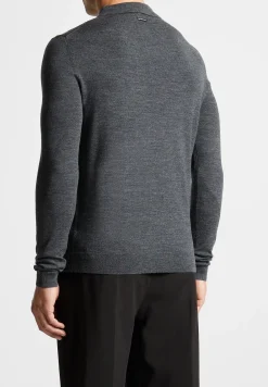 Merino Wool Long Sleeve Polo Top With Zip - Marl Grey^Manière De Voir Discount