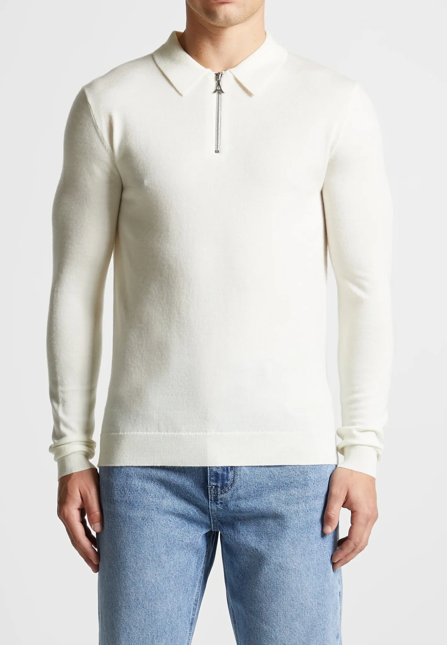 Merino Wool Long Sleeve Polo Top With Zip - Off White^Manière De Voir Clearance