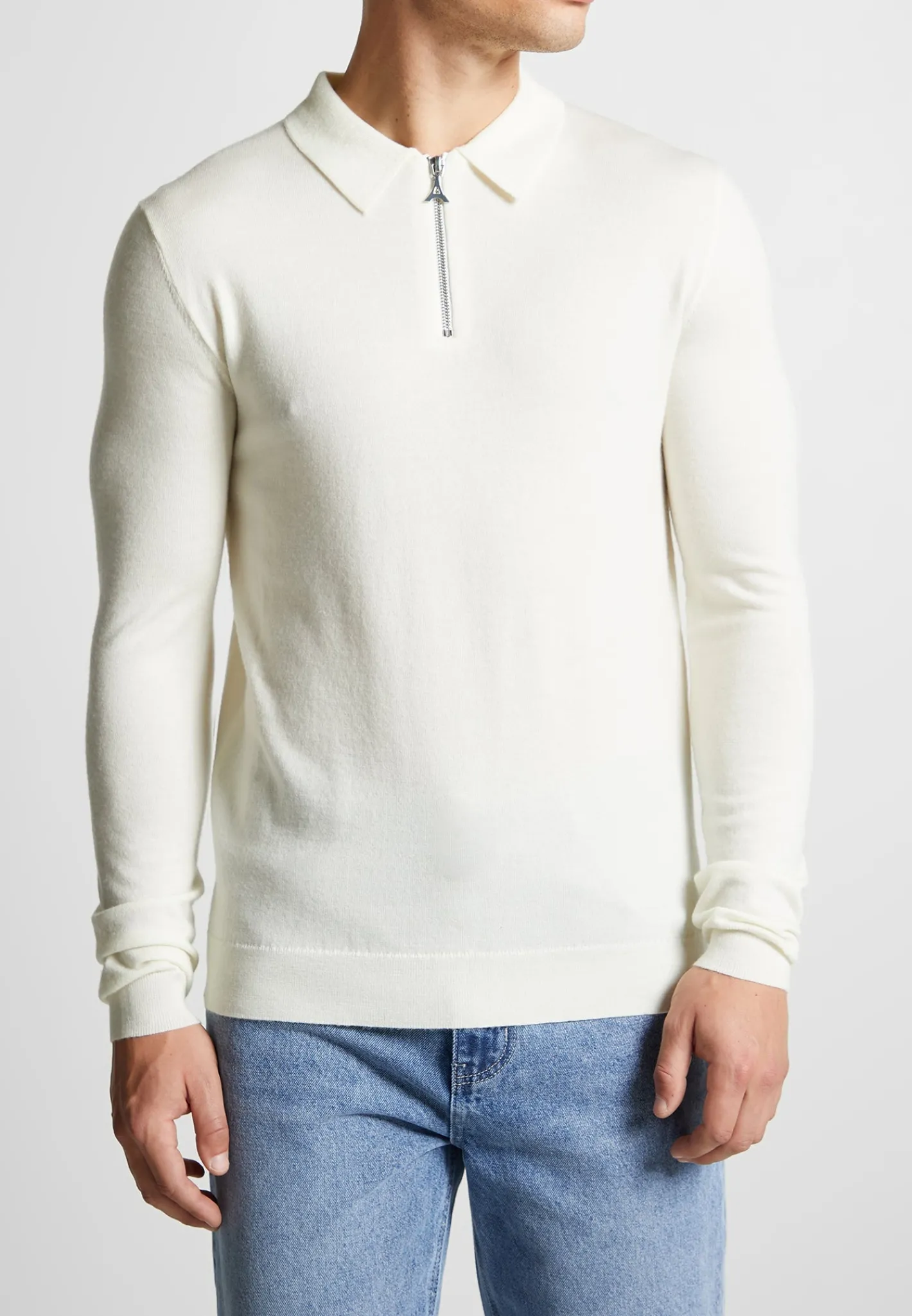Merino Wool Long Sleeve Polo Top With Zip - Off White^Manière De Voir Clearance