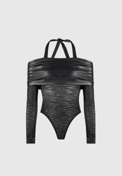 Mesh and Vegan Leather Bardot Bodysuit -^Manière De Voir Fashion