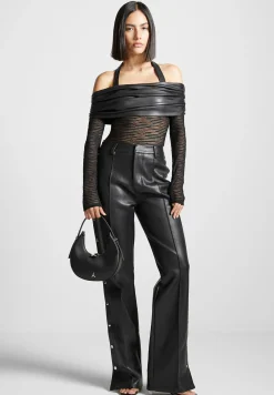 Mesh and Vegan Leather Bardot Bodysuit -^Manière De Voir Fashion
