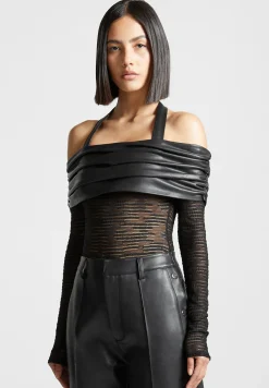 Mesh and Vegan Leather Bardot Bodysuit -^Manière De Voir Fashion