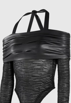 Mesh and Vegan Leather Bardot Bodysuit -^Manière De Voir Fashion