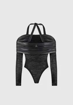 Mesh and Vegan Leather Bardot Bodysuit -^Manière De Voir Fashion