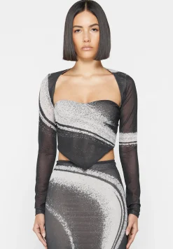 Mesh Printed Top with Sleeve Overlay - Black^Manière De Voir Online