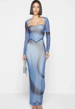 Mesh Printed Top with Sleeve Overlay - Blue^Manière De Voir Sale