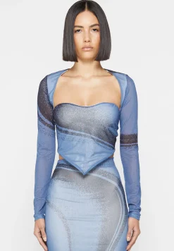 Mesh Printed Top with Sleeve Overlay - Blue^Manière De Voir Sale
