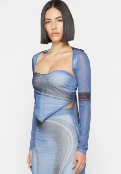 Mesh Printed Top with Sleeve Overlay - Blue^Manière De Voir Sale
