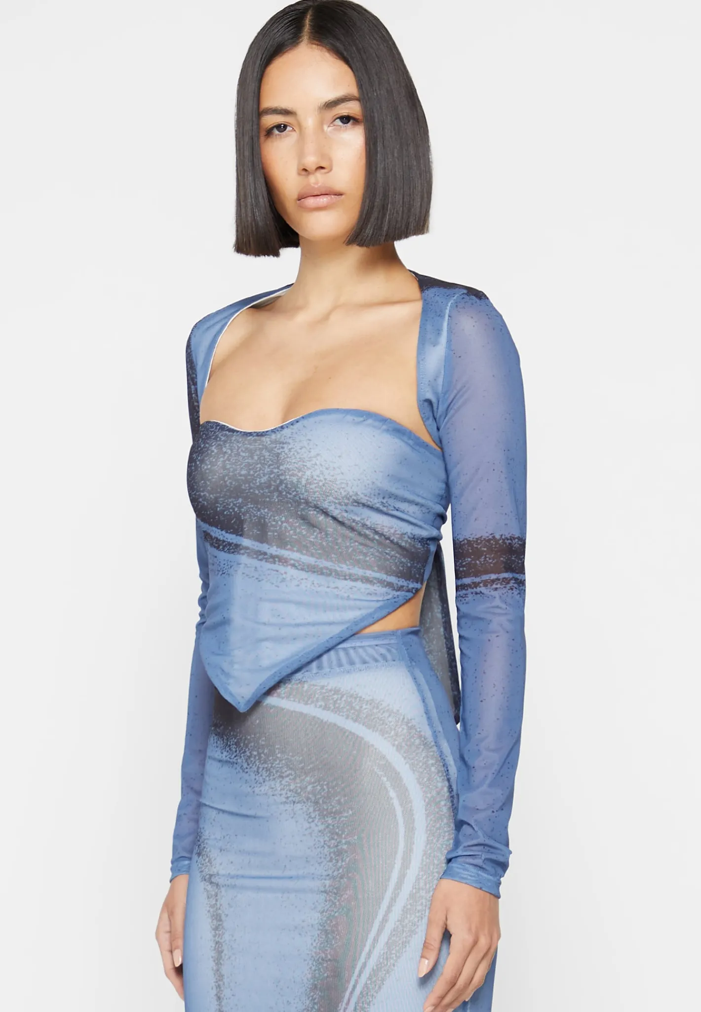 Mesh Printed Top with Sleeve Overlay - Blue^Manière De Voir Sale