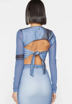 Mesh Printed Top with Sleeve Overlay - Blue^Manière De Voir Sale