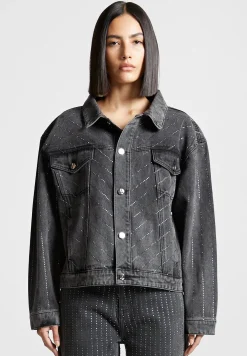 Oversized Rhinestone Denim Jacket - Washed Grey^Manière De Voir Sale