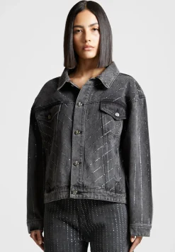 Oversized Rhinestone Denim Jacket - Washed Grey^Manière De Voir Sale