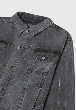 Oversized Rhinestone Denim Jacket - Washed Grey^Manière De Voir Sale