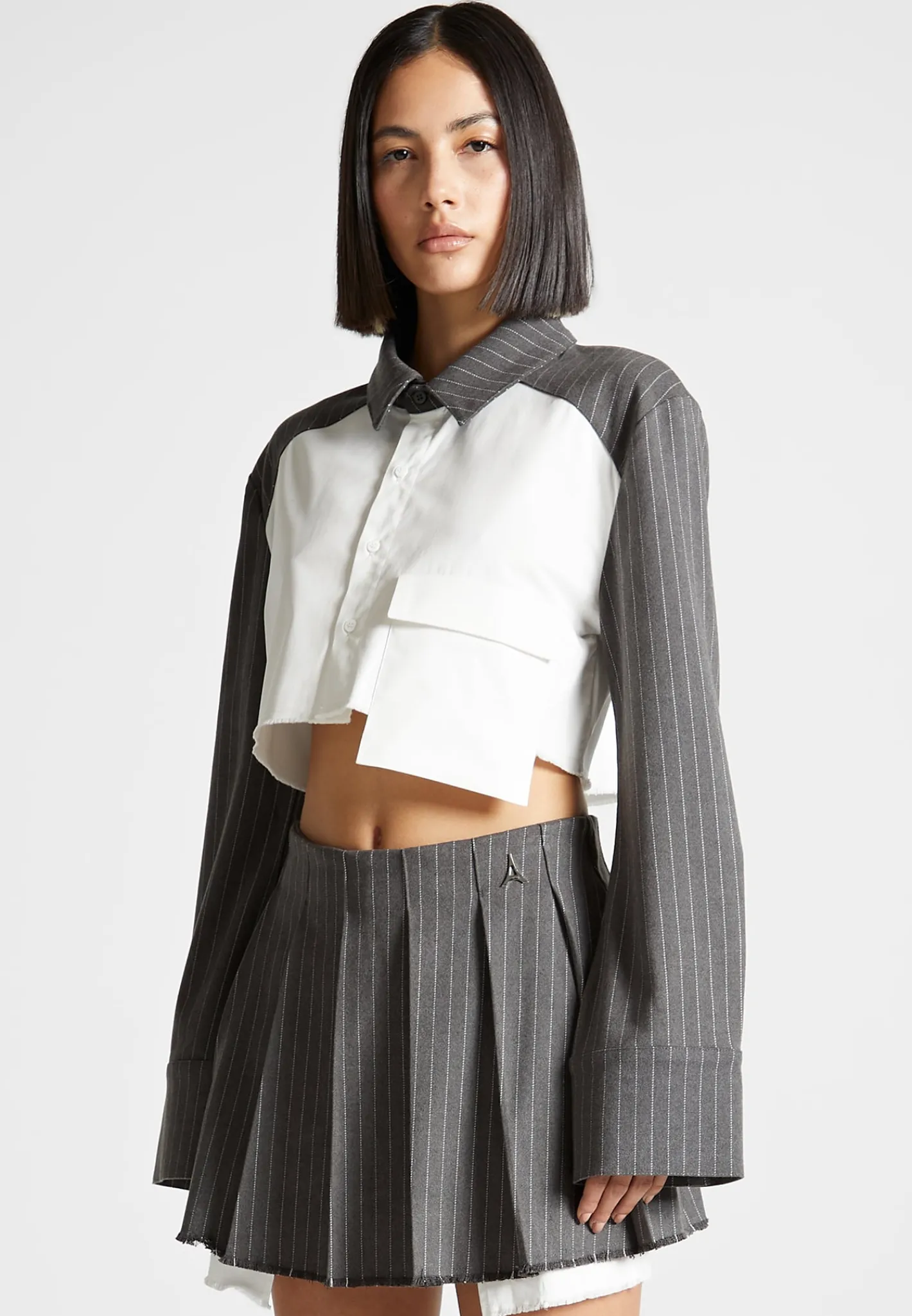 Pinstripe Contrast Cropped Shirt - Grey^Manière De Voir New