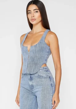 Rhinestone Denim Corset - Mid Blue^Manière De Voir Online