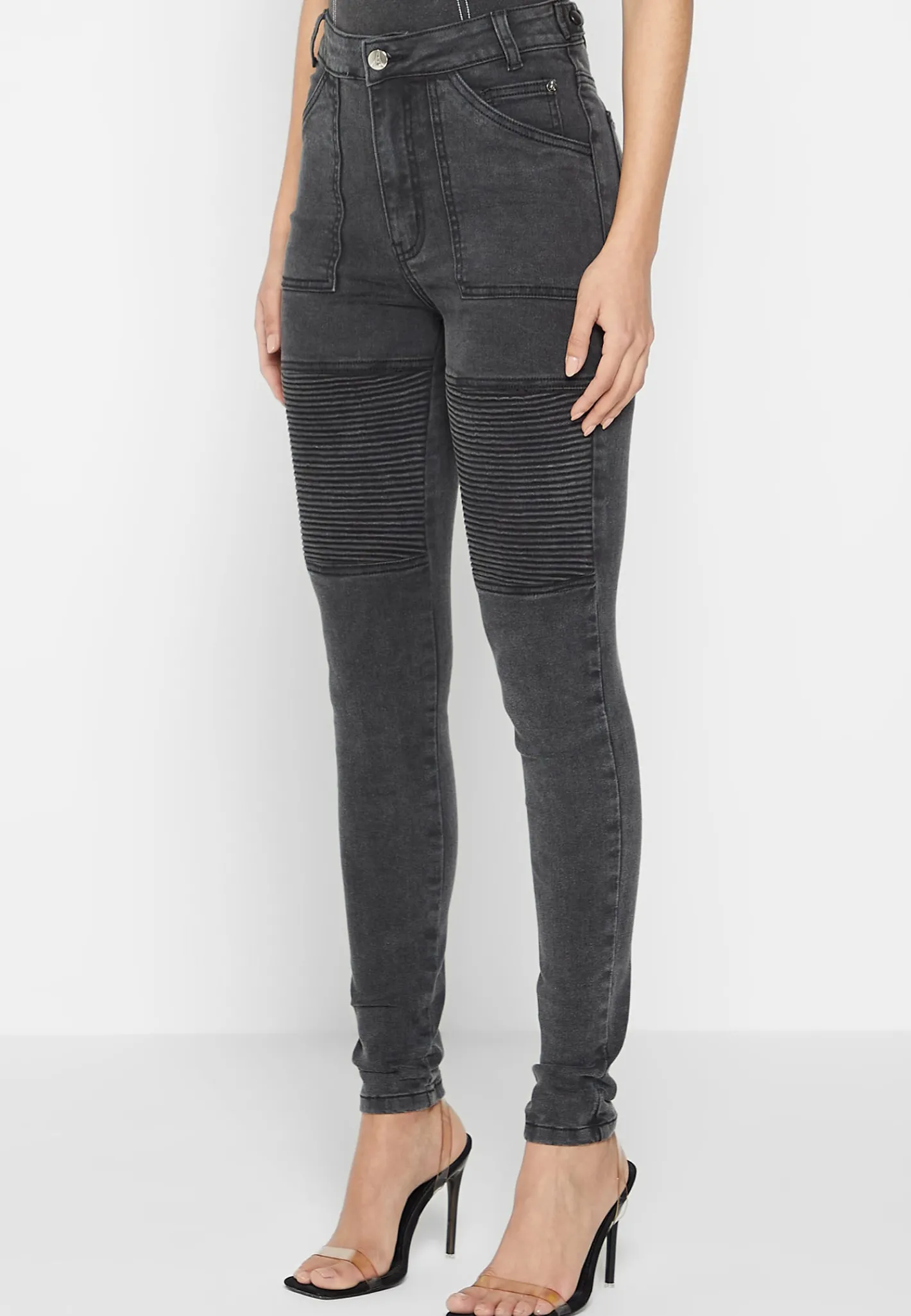 Ribbed Biker Skinny Jeans - Washed Black^Manière De Voir Discount