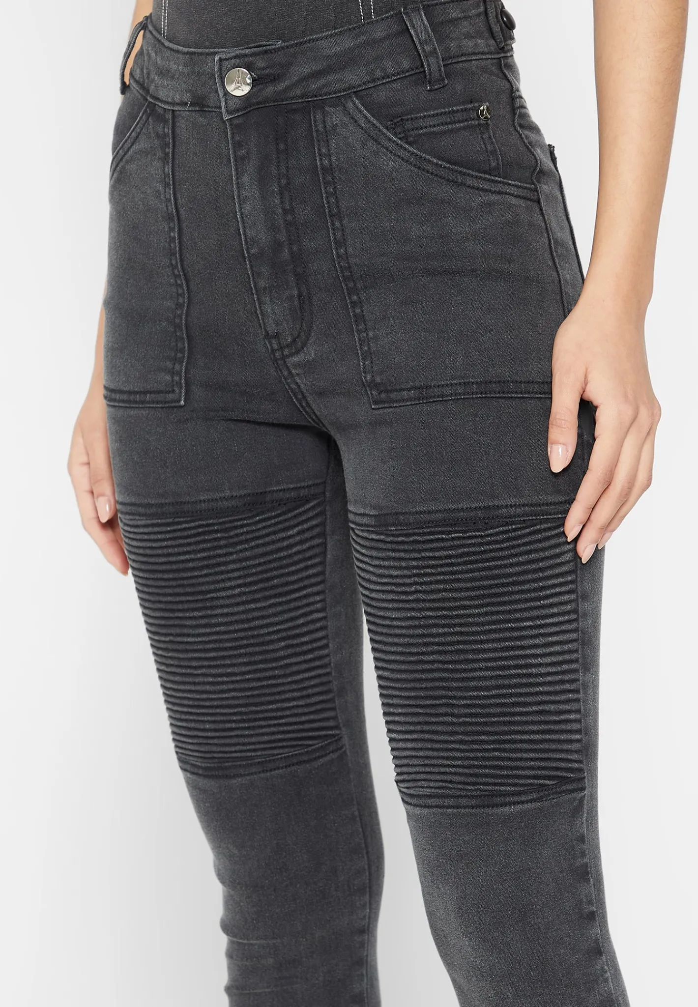Ribbed Biker Skinny Jeans - Washed Black^Manière De Voir Discount