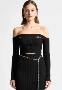Ribbed Knit Bardot Crop Top with Chain -^Manière De Voir Fashion