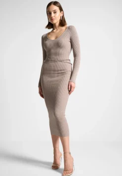 Ribbed Knit Midaxi Dress with Chain Belt -^Manière De Voir Discount