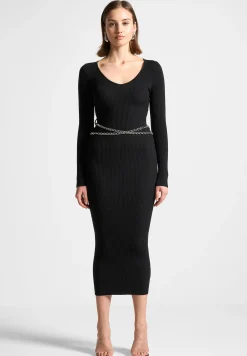 Ribbed Knit Midaxi Dress with Chain Belt -^Manière De Voir Discount