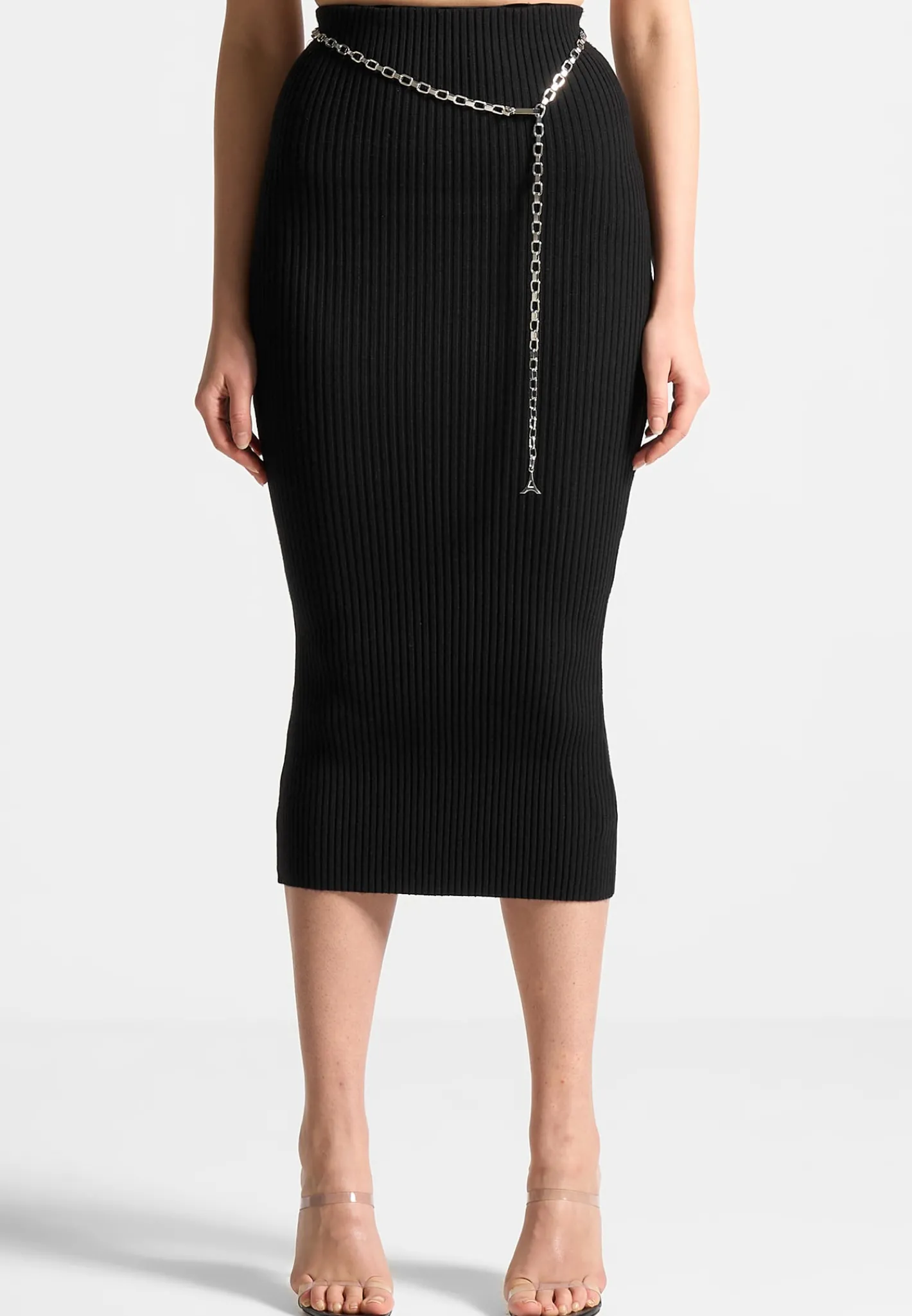 Ribbed Knit Midaxi Skirt with Chain Belt -^Manière De Voir Hot