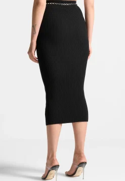 Ribbed Knit Midaxi Skirt with Chain Belt -^Manière De Voir Hot