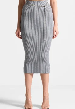 Ribbed Knit Midaxi Skirt with Chain Belt -^Manière De Voir Online