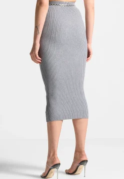 Ribbed Knit Midaxi Skirt with Chain Belt -^Manière De Voir Online