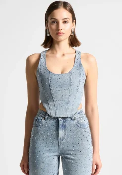 Scattered Rhinestone Denim Corset Top - Mid Blue^Manière De Voir Discount