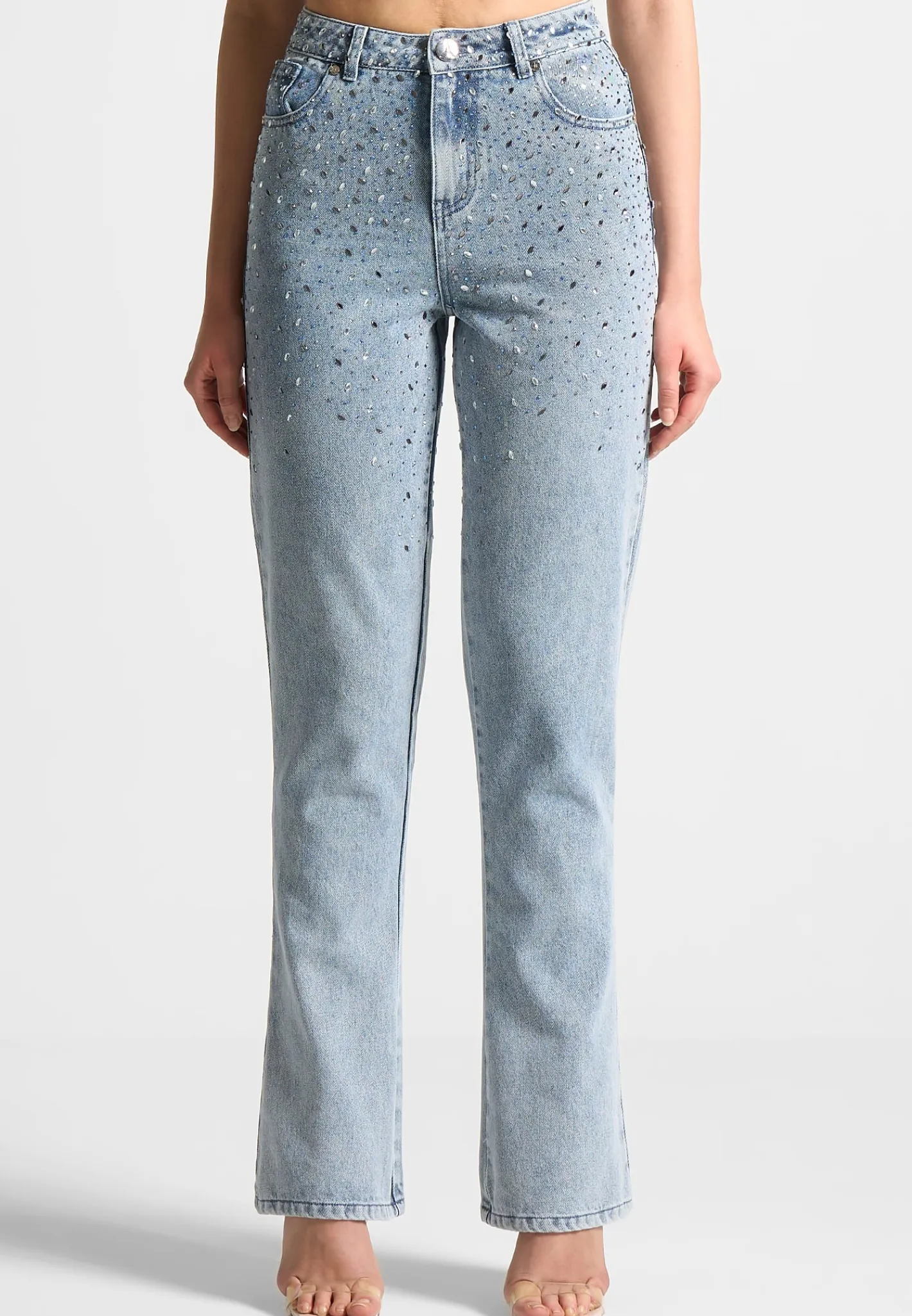 Scattered Rhinestone Mini Flare Jeans - Mid Blue^Manière De Voir Clearance