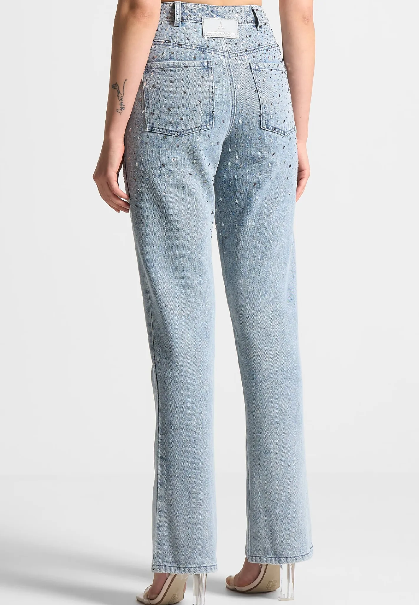Scattered Rhinestone Mini Flare Jeans - Mid Blue^Manière De Voir Clearance