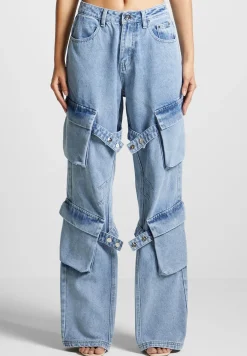 Strap Detail Cargo Jeans - Mid Blue^Manière De Voir Fashion