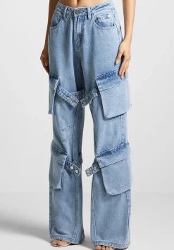 Strap Detail Cargo Jeans - Mid Blue^Manière De Voir Fashion