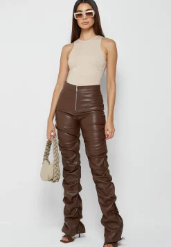 Tacked Vegan Leather Flared Trousers - Chocolate Brown^Manière De Voir Sale