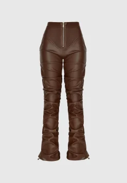 Tacked Vegan Leather Flared Trousers - Chocolate Brown^Manière De Voir Sale