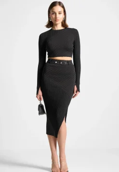 Two-Tone Ribbed Knit Midi Skirt with Belt -^Manière De Voir Sale
