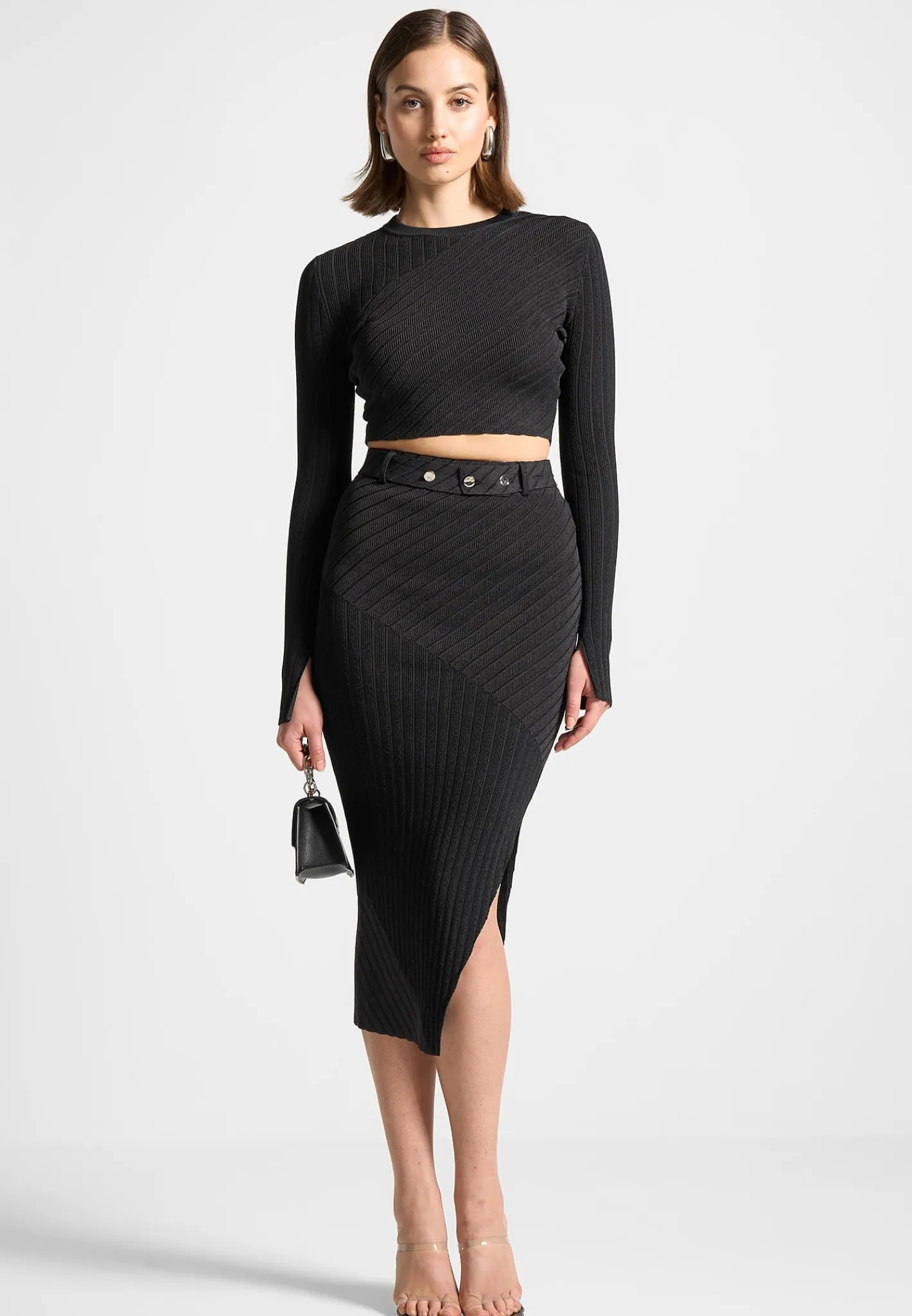 Two-Tone Ribbed Knit Midi Skirt with Belt -^Manière De Voir Sale