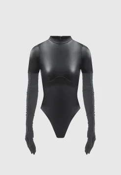 Vegan Leather Bodysuit with Mesh Gloves -^Manière De Voir Sale